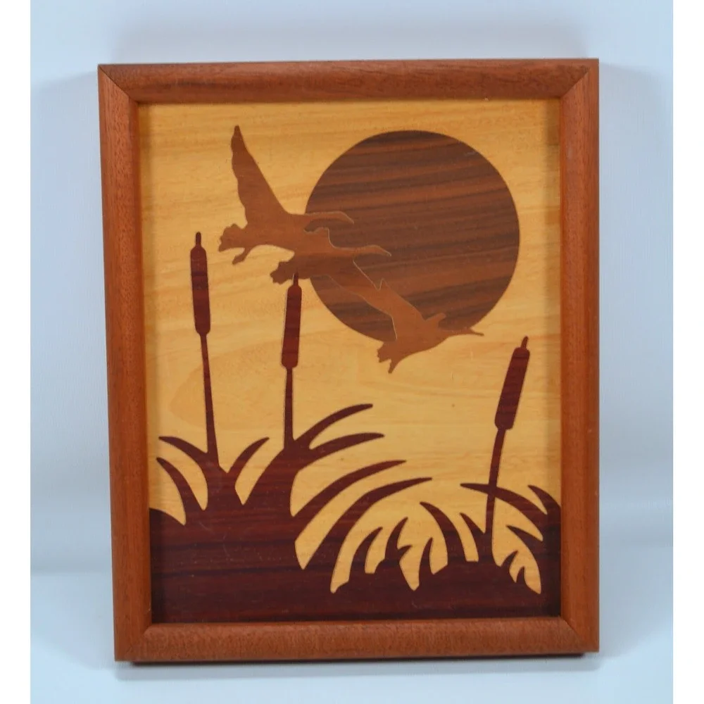 Vintage 1985 ‎ Hand Carved  Wood Inlay Flying Duck Marquetry Artwork  11